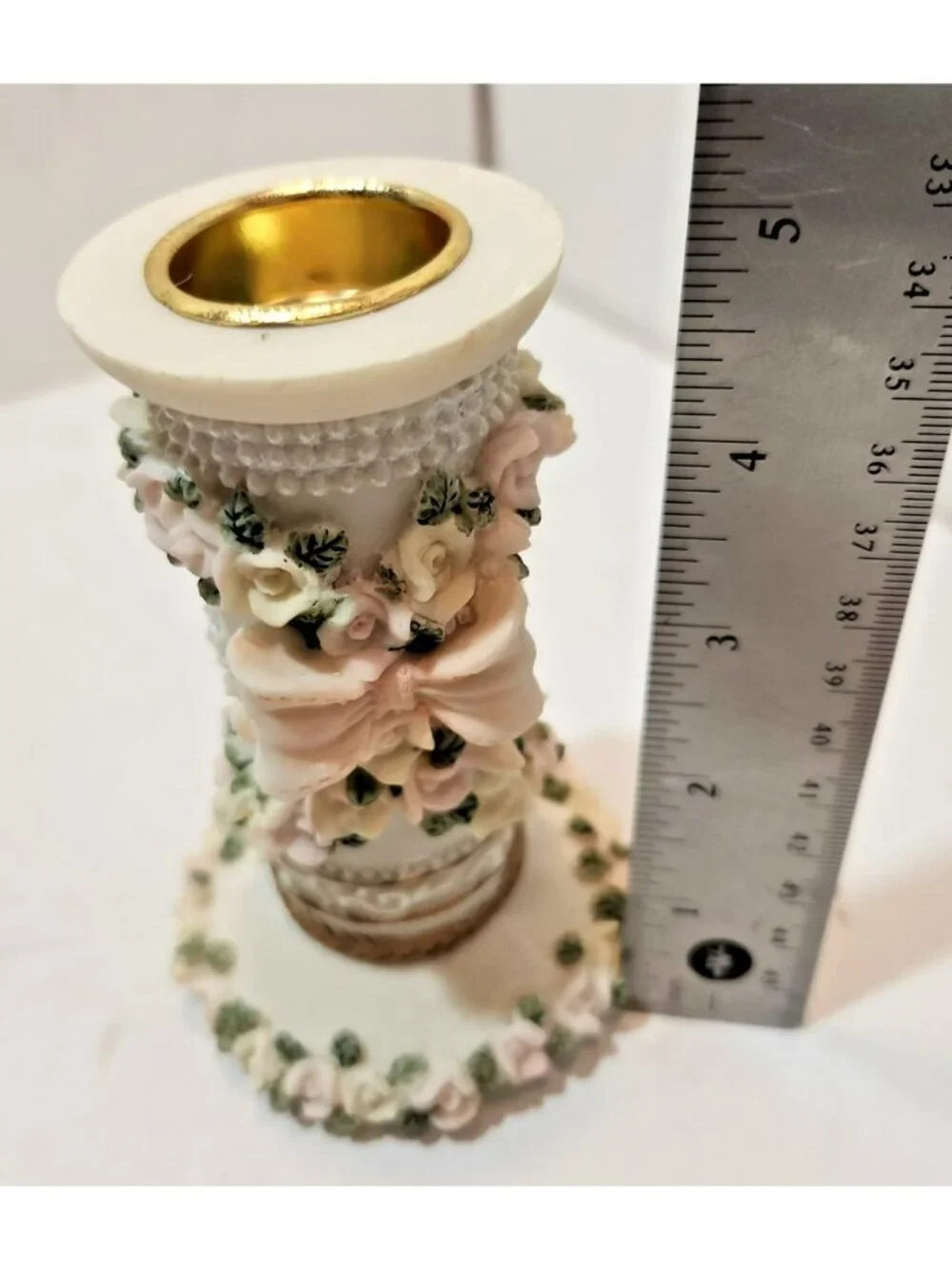 Pair of Sculpted Flower and Bows Ceramic Candlestick Holders Pastels Weddings